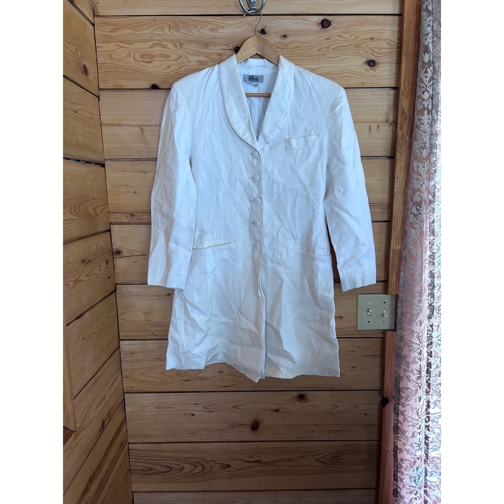 Vintage‎ Linen Blazer Womens Size 10 White Longline Jacket Prue Bowyer England